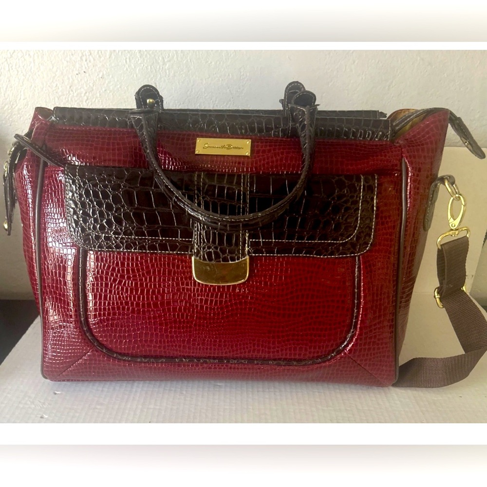 Two-Tone Red and Brown Croc-Embossed Travel Bag with Gold Accent